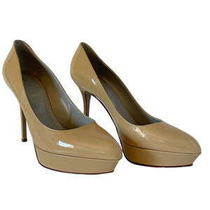 Sergio Rossi Almond Toe Nude Tan Patent Leather Platform Pumps • Size 40 🗣